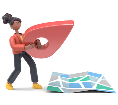 Young woman holding a giant location pin over an unfolded map.